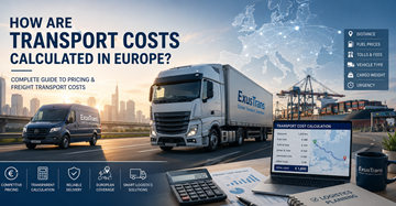 Berekening van Europese transporttarieven met logistieke trucks, vrachtkosten, brandstof, tol en leverplanning